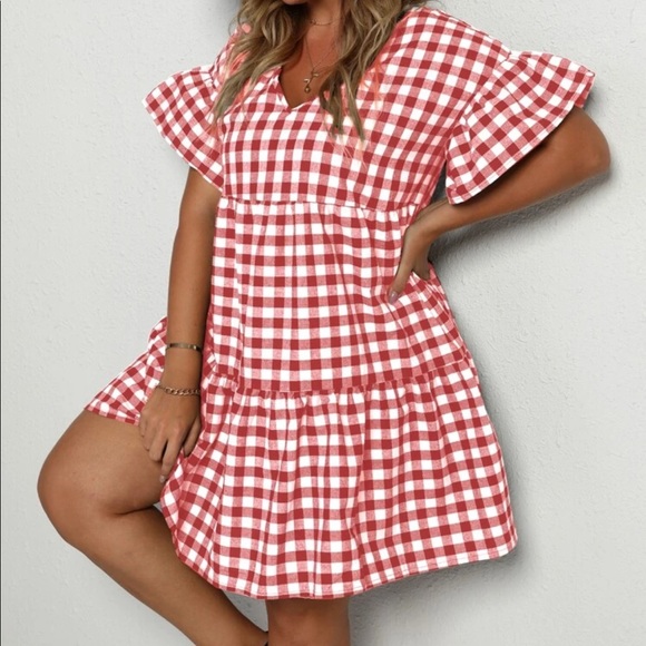 Boho plus size gingham flounce sleeve dress - Picture 4 of 12